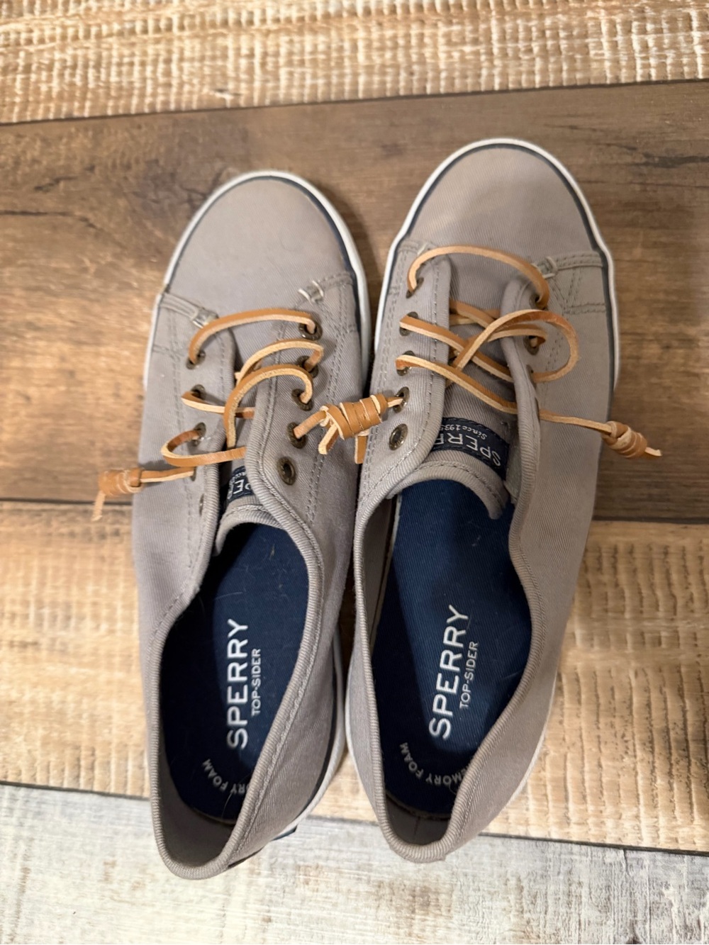 Sperry Gray Canvas Boat Shoes with Tan Leather Laces